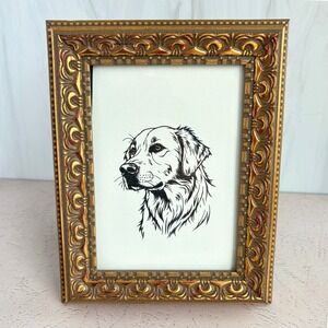 Vintage Ornate Gold Picture Frame with Golden Retriever Dog Art 4x6 Portrait